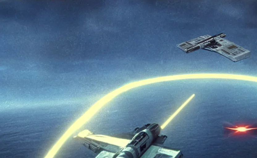 Image similar to iconic cinematic screenshot of an x wing above the ocean, scene from the 1 9 7 0 s star wars sci fi film by stanley kubrick, glowing lasers, kodak film stock, anamorphic lenses 2 4 mm, lens flare, iconic cinematography, award winning