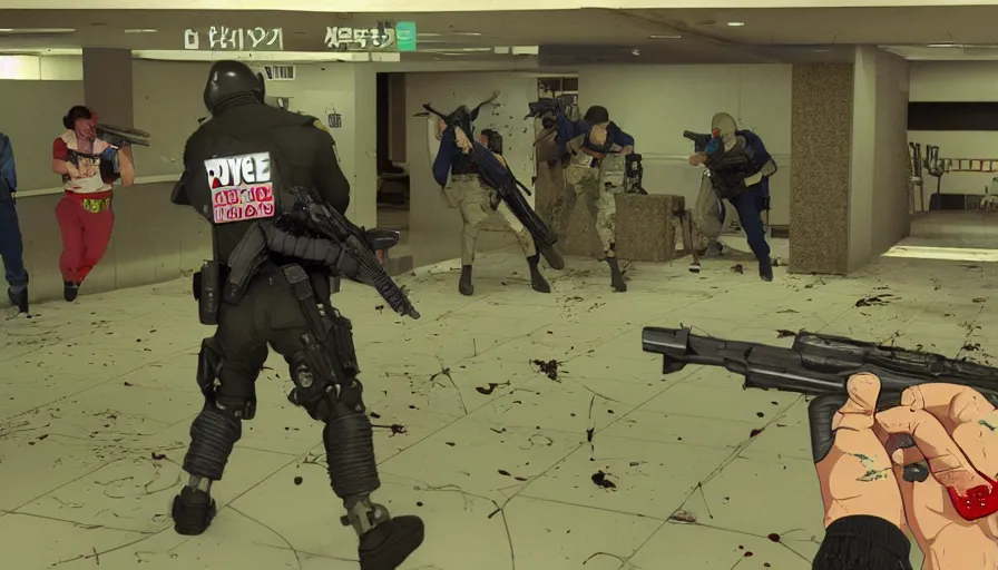 Image similar to 1988 Video Game Screenshot, Anime Neo-tokyo Cyborg bank robbers vs police, Set inside of the Bank Lobby, Multiplayer set-piece in bank lobby, Tactical Squad :9, Police officers under heavy fire, Police Calling for back up, Bullet Holes and Realistic Blood Splatter, :6 Gas Grenades, Riot Shields, Large Caliber Sniper Fire, Chaos, Anime Cyberpunk, Anime Bullet VFX, Anime Machine Gun Fire, Violent Action, Sakuga Gunplay, Shootout, :7 Inspired by Escape From Tarkov + Intruder + The Specialist + Akira :15 by Katsuhiro Otomo: 19