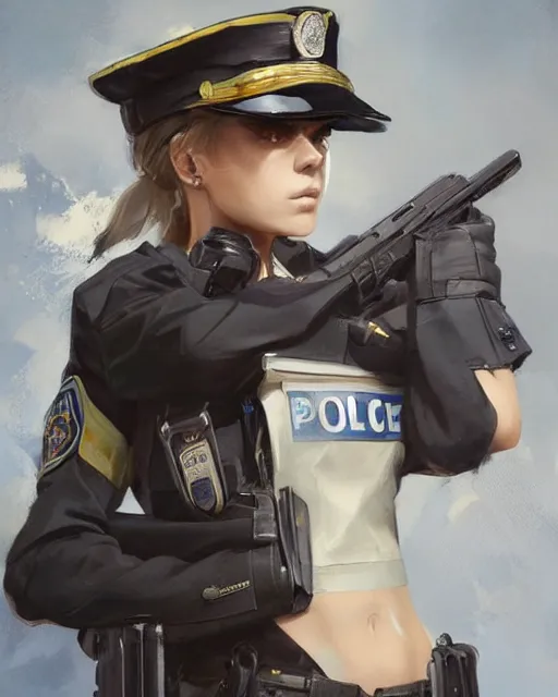 Image similar to Hyper realistic painting of a beautiful girl in a police uniform, hyper detailed, anime, by greg rutkowski, trending on artstation