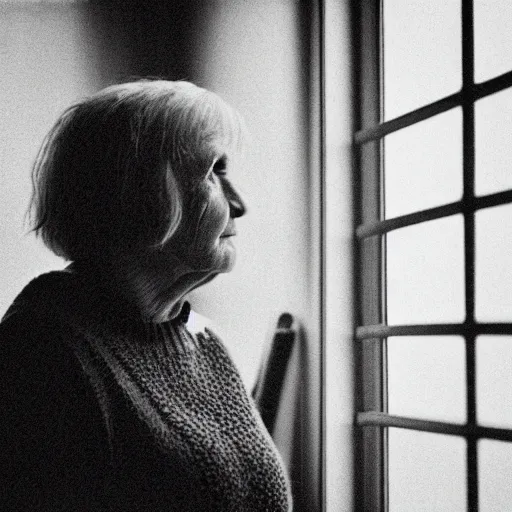 Image similar to black and white photograph portrait of a depressed mature woman standing by the window, natural light, lomo, film grain, soft vignette, sigma 85mm f/1.4 1/10 sec shutter