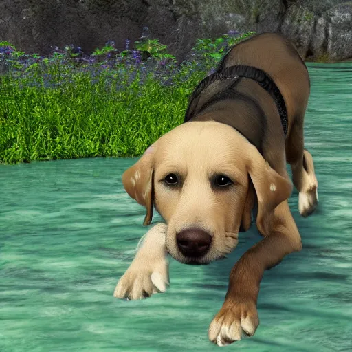 Prompt: dog in a river ultra - realistic with green flower