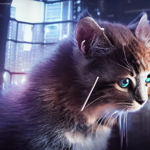 Image similar to full body pose, hyperrealistic photograph of a cyberpunk kitten, dim volumetric lighting, 8 k, octane beautifully detailed render, extremely hyper detailed, intricate, epic composition, cinematic lighting, masterpiece, trending on artstation, very very detailed, stunning, hdr, smooth, sharp focus, high resolution, award, winning photo, dslr, 5 0 mm