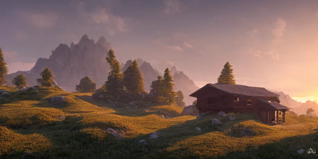 Image similar to a serene mountainous landscape with a singular building at sunrise, concept art, octane render, unreal engine 5, trending on DeviantArt, highly detailed, high quality, 4K, symmetrical, godrays, complementary colors, path traced, matte painting, breathtaking landscape, epic image, soft lighting