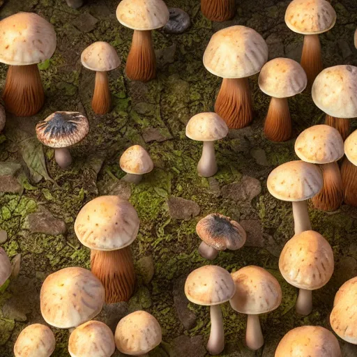 Image similar to pattern of mushrooms, beautiful light, low saturation, fantasy book, d & d, high detail, 8 k, oil painting, octane render, dark fantasy