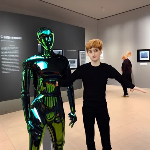 Image similar to a realistic detailed photo of a guy who is an attractive humanoid who is half robot and half humanoid, who is a male android, twitch streamer ninja tyler blevins, shiny skin, posing like a statue, blank stare, at the museum, on display