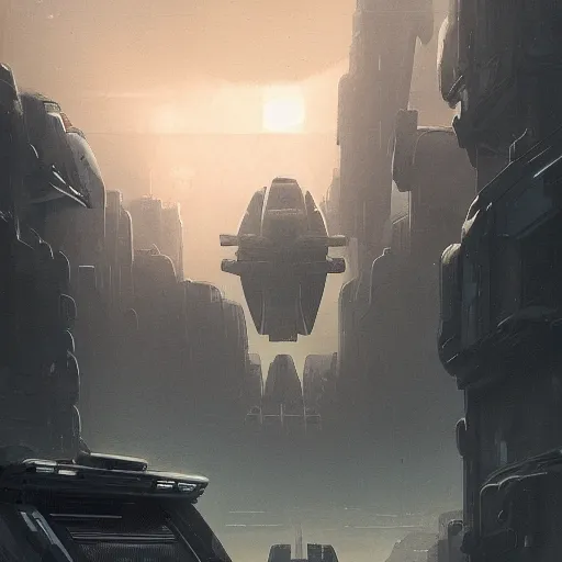 Image similar to scifi art by Greg Rutkowski, a heavy shuttle that is shaped like a brutalist-looking high tech lobster, in the background, the distant silhouettes of a brutalist-looking planetary colony, hostile and desolate landscape, orange ambient light, detailed and intricate environment, high technology, digital painting, artstation, concept art, smooth, sharp foccus ilustration, Artstation HQ.