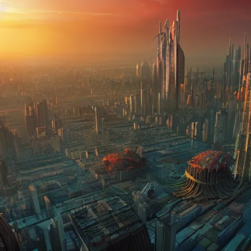 Prompt: bio-futurism, utopian city,differential growth,city panorama,beautiful sunset,panoramic,boris vallejo,luis royo,michael whelan,photorealistic,unreal engine 5,octane render,detailed