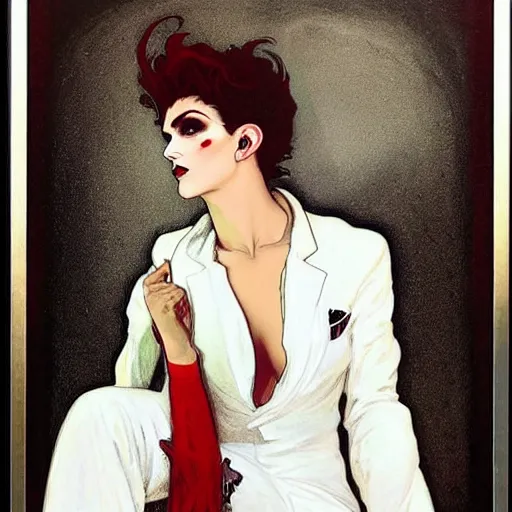 Image similar to exquisite portrait of androgynous ruby rose as desire from sandman in a white tuxedo!!!, rockabilly style,, by alphonse mucha, by jeremy mann, by peter lindbergh, dave mckean, by frank moth, white suit and black tie, soft lightning, high detailed, 8 k