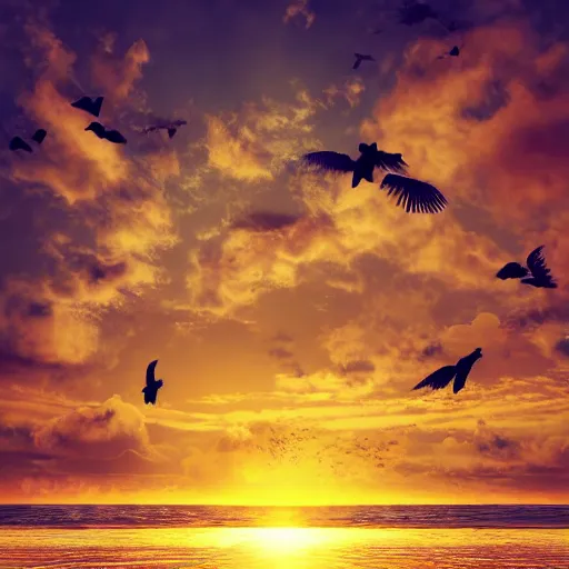Image similar to beautiful sunset at the beach with birds and clouds, surreal, intricate details, octane render, hype realistic