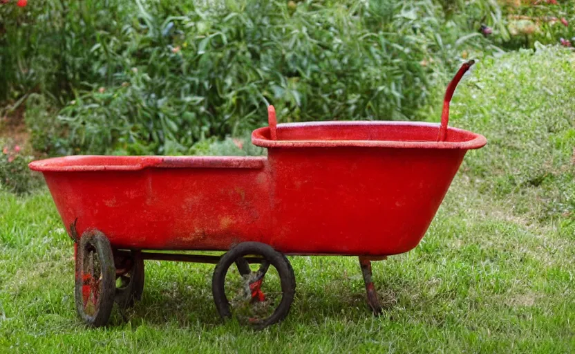 Prompt: a red wheel barrow glazed with rainwater besides the white chickens.