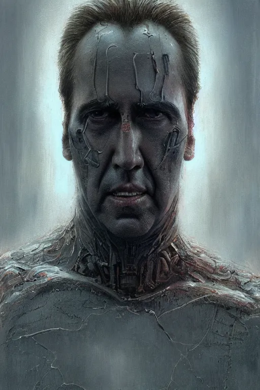 Prompt: Portrait of Nicolas Cage as mechanical cyborg, dark, intricate, smooth, artstation, painted by Wayne Barlowe, Greg Rutkowski, Zdislav Beksinski