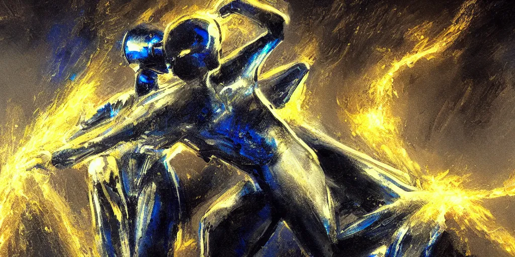 Image similar to futuristic white and gold trimmed android helping a soul escape from hell painted in the style of adolph von menzel 4 k dramatic lightning hd