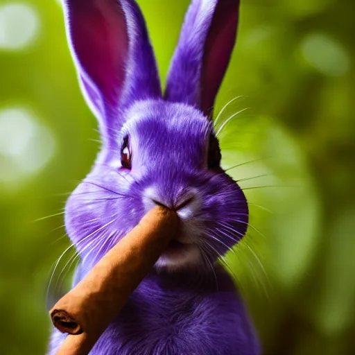 Prompt: professional photography of a violet rabbit smoking a cigar