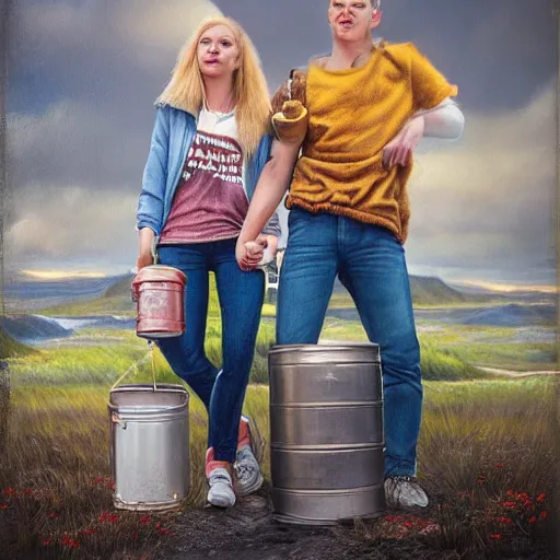 Prompt: a highly detailed portrait from behind of a young couple, holding a tin can, remote icelandic village, summer, jeans and t shirt, blonde hair, vibrant colors, hyper realistic, extremely realistic, realistic, 8k, by tom bagshaw, trending on artstation,