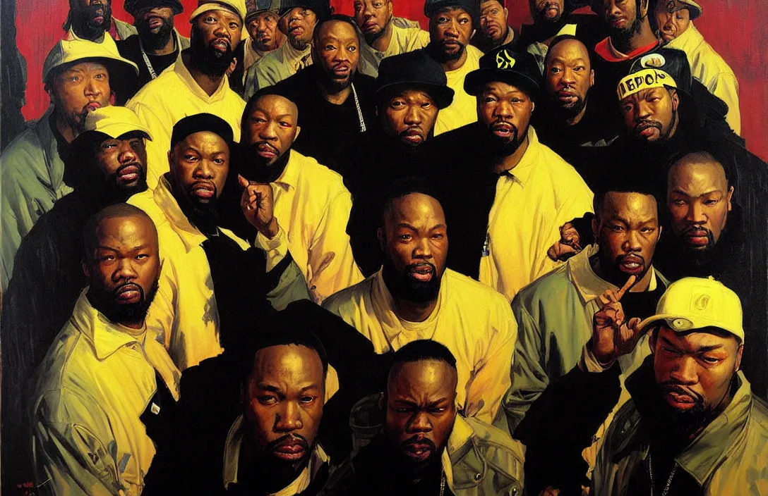 Image similar to portrait of wu - tang clan!!!!!!!!!!!!!!!!!!!!!!!!!!!, detailed face, detailed painting,, epic lighting, by ilya repin, phil hale and kent williams