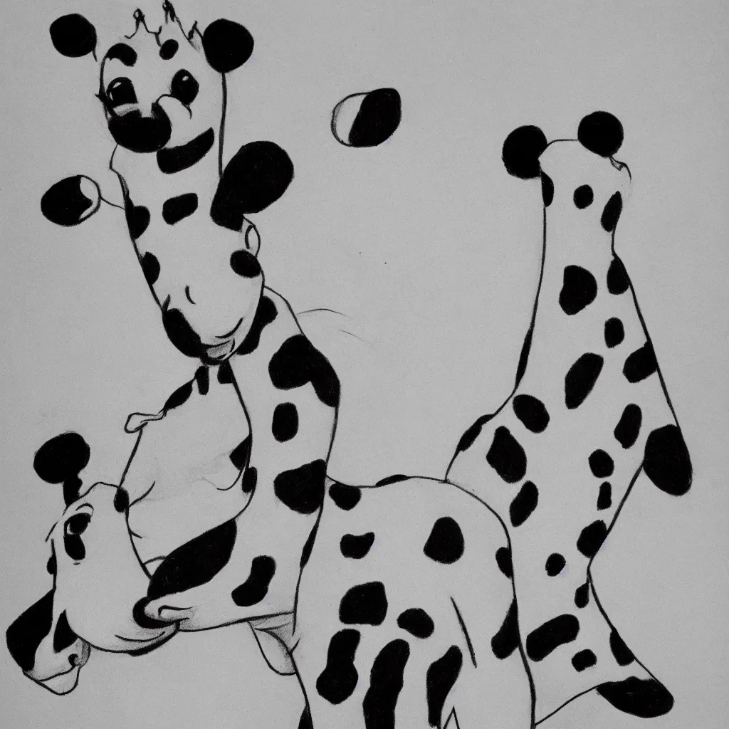 Image similar to drawing from 1 9 2 0's disney animation, white paper, black & white, panda giraffe