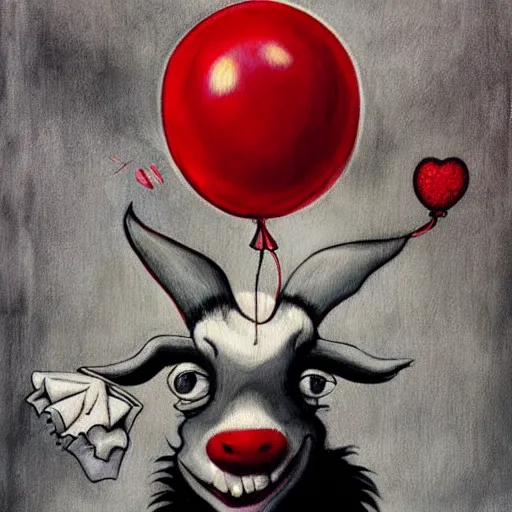 Image similar to grunge cartoon painting of goat with a wide smile and a red balloon by chris leib, loony toons style, pennywise style, corpse bride style, horror theme, detailed, elegant, intricate