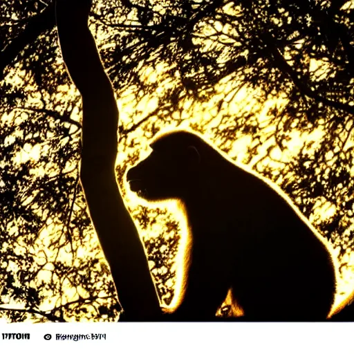 Prompt: rim light around fur of an ape on a tree, silhoutte, dim light, golden hour, tree top, dslr award winning photo, nikon