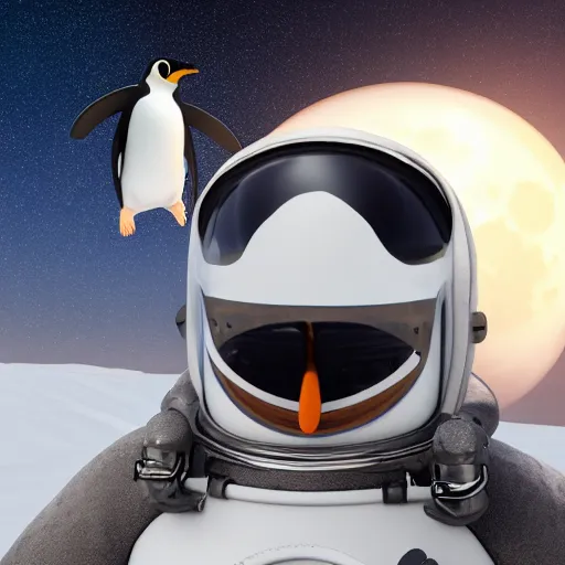 Prompt: a realistic highly detailed 3D render of a penguin dressed as an astronaut, floating in space, moon in the background, octane render, 4k, trending