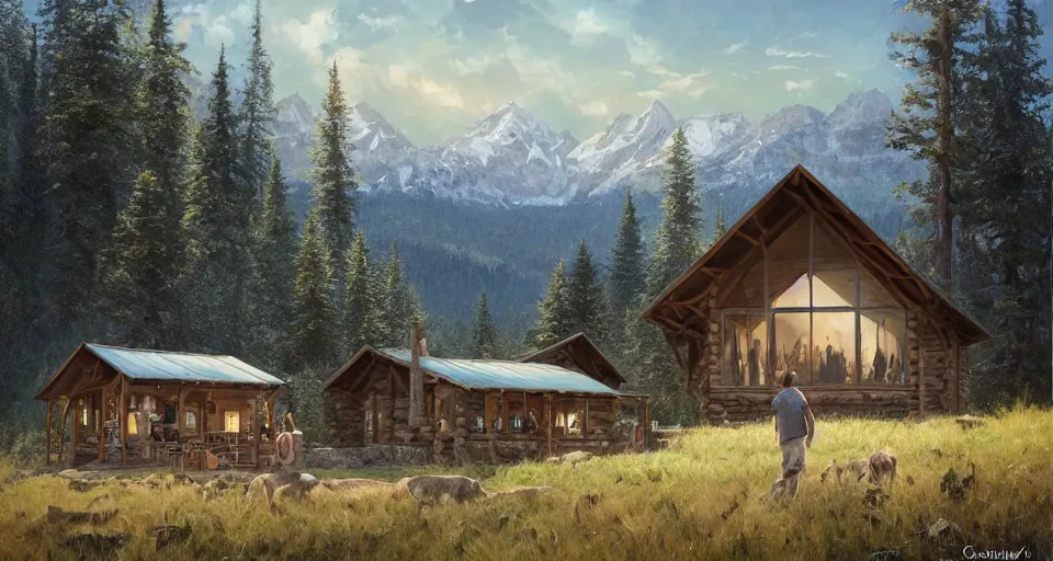 Image similar to cabela's beautiful comfortable modular pop - up insulated all terrain family dwelling, cabin,, person in foreground, mountainous forested wilderness open fields, beautiful views, painterly concept art, joanna gaines, environmental concept art, farmhouse, magnolia, concept art illustration, by james gurney, by craig mullins, by greg rutkowski trending on artstation