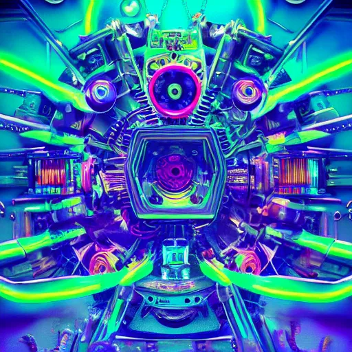 Image similar to album art, the album is called tripmachine, trance music, a huge steampunk mechanic machine with many loudspeakers and gears and tubes and wires, 8 k, fluorescent colors, halluzinogenic, multicolored, blue neon accents, exaggerated detailed, front shot, 3 d render, octane