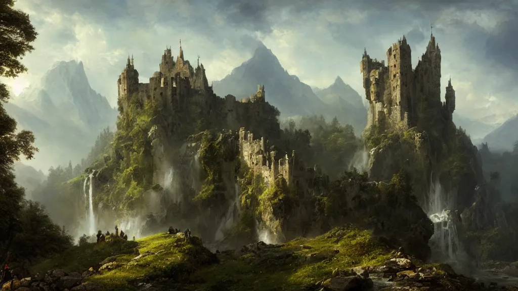Prompt: elven stone castle above the great alpine waterfall. andreas achenbach, artgerm, mikko lagerstedt, zack snyder, tokujin yoshioka