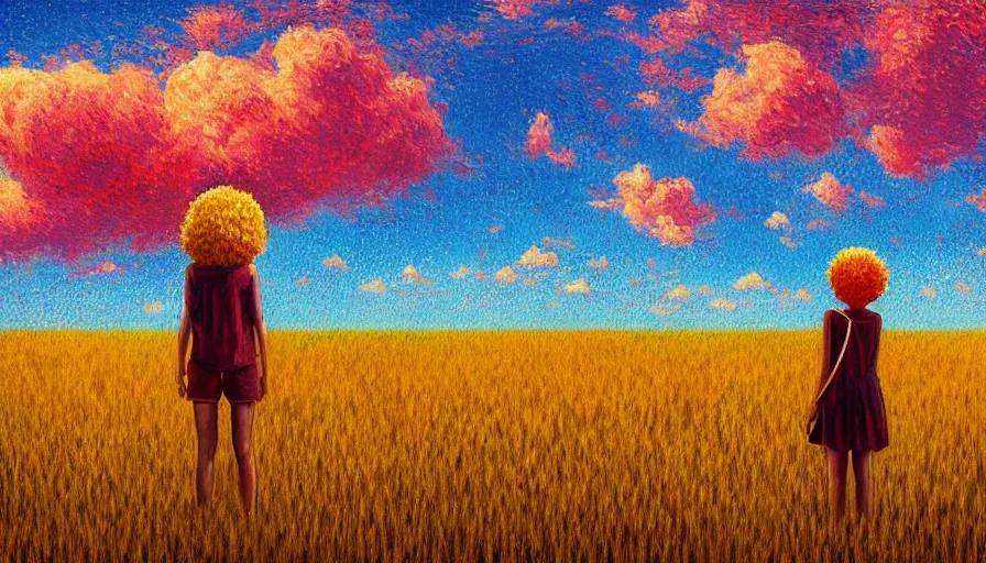 Prompt: red carnation afro head, full body, girl watching sunset, empty wheat field, surreal photography, colorful clouds, tree, impressionist painting, colorful clouds, digital painting, pointillism, artstation, simon stalenhag