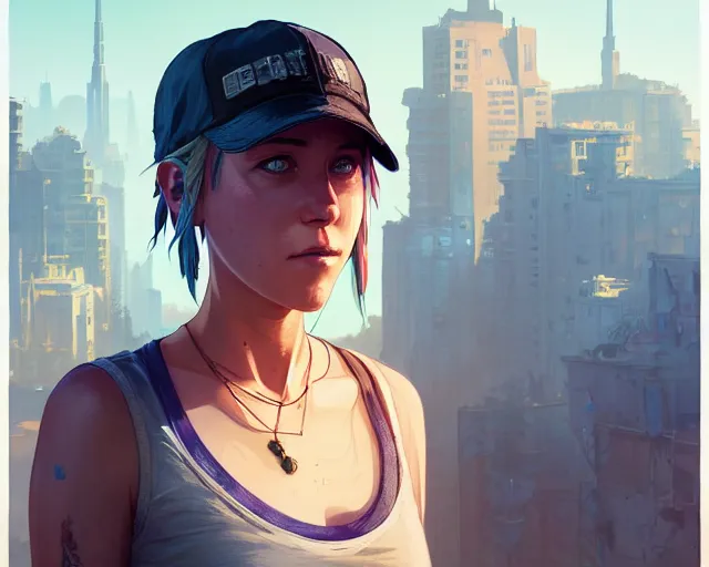 Image similar to highly detailed portrait of chloe price, in gta v, stephen bliss, unreal engine, fantasy art by greg rutkowski, loish, rhads, ferdinand knab, makoto shinkai and lois van baarle, ilya kuvshinov, rossdraws, tom bagshaw, global illumination, radiant light, detailed and intricate environment