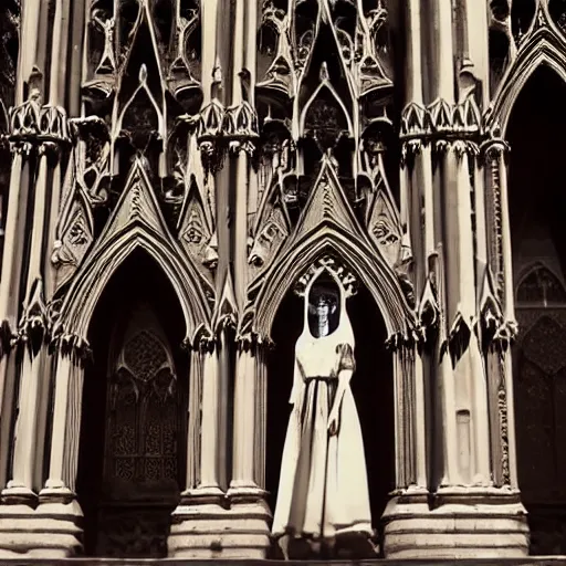 Prompt: movie shot, landcape, architectural shot, no decaying lines, background of an alabaster gothic cathedral, with long ephimeral windows with reflection of red flames, as subject a gothic woman with an intricate arabesque detailed black dressed, macro head face