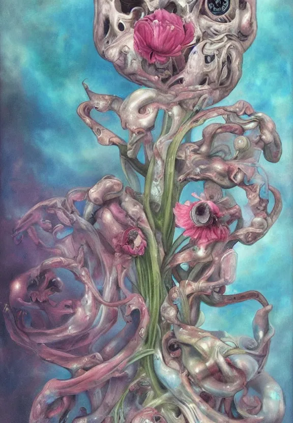 Image similar to a biomorphic painting of a vase with flowers and eyeballs in it, a surrealist painting by marco mazzoni, by dorothea tanning, pastel blues and pinks, lips, melting, plastic, skull, featured on artstation, metaphysical painting, oil on canvas, fluid acrylic pour art, airbrush art, seapunk, rococo, lovecraftian