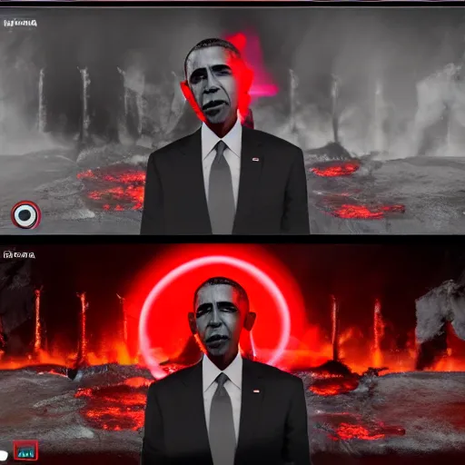 Prompt: Obama red flashlight glowing eyes, hell flames are burning behind Obama, trending on unreal engine 5, 40nm lens, 4k,