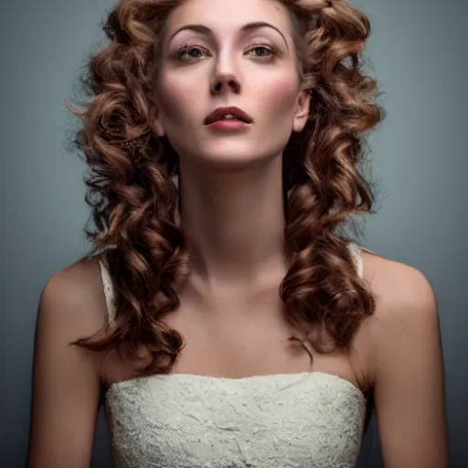 Image similar to portrait of pretty woman, hair made by phone cable, intrincate dress, ornated