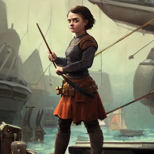 Image similar to arya stark as a beautiful muscular female gnome mechanic, short black pixie undercut hair, standing on ship deck, naval background, intricate, D&D, highly detailed, full body portrait, wide angle, digital painting, artstation, smooth, sharp focus, great composition, illustration, art by Greg Rutkowski, trending on artstation