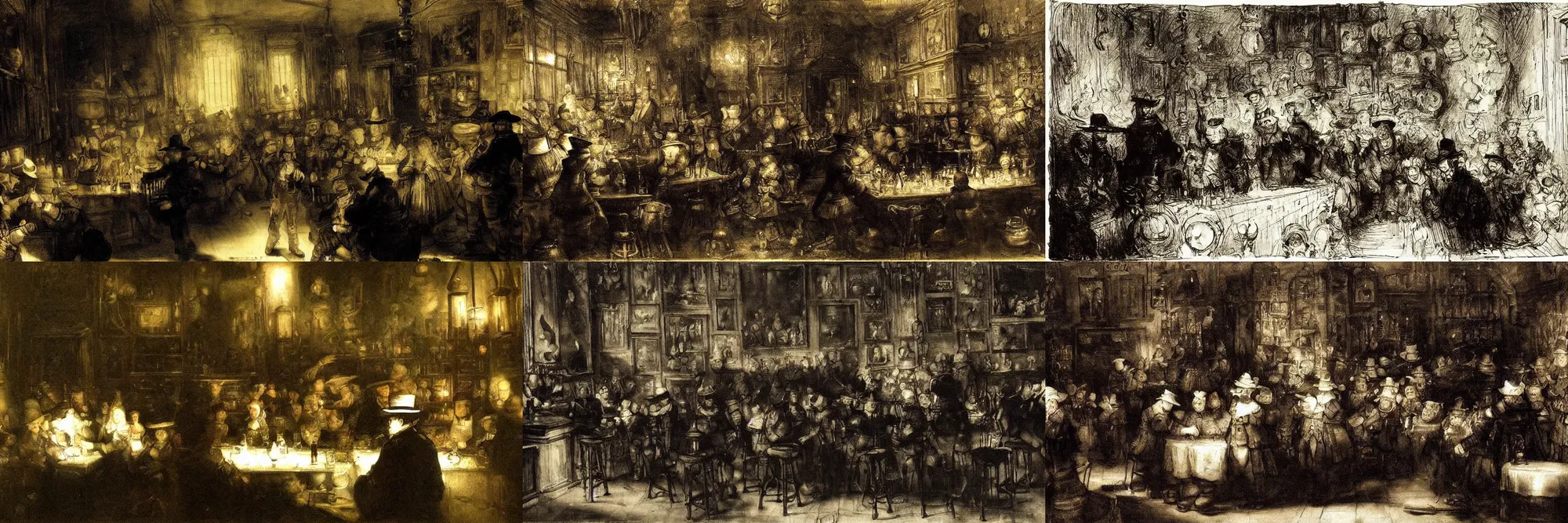 Prompt: secret tea society, dark interior of bar, art by van rijn, rembrandt