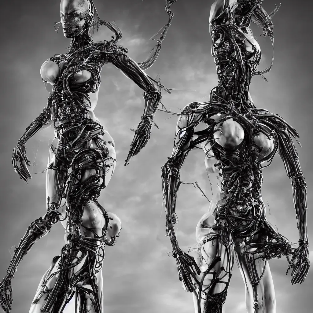 Prompt: a beautiful female is infected with a biomechanical suit, octane render, hyper realistic, art by hr giger and alvin schwartz, black and white, full body, epic angle