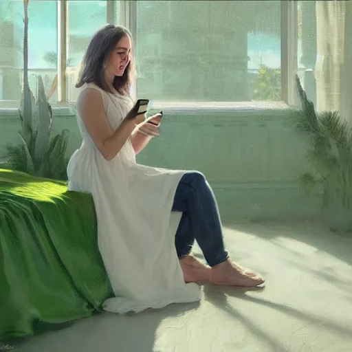 Image similar to epic masterpiece of cinematographic hyperrealism where a happy woman appears using her phone the color of the phone screen is green, the background of the image is white. realistic shaded lighting poster by craig mallismo, artgerm, jeremy lipkin and michael garmash, unreal engine, radiant light, detailed and intricate environment, digital art, art station trends