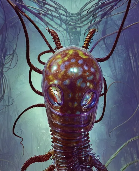 Image similar to opulent transparent clear see - through portrait of a terrifying beautiful male alien centipede robot, mottled coloring, adorable, childlike, overgrown biopunk jungle environment, ultra realistic, concept art, art nouveau, photorealistic, octane render, 8 k, unreal engine. art by christopher marley and artgerm and greg rutkowski and alphonse mucha