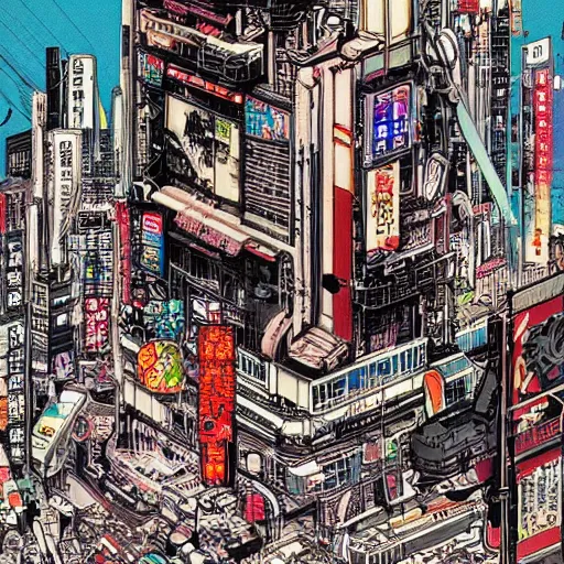 Prompt: Maximalism illustration of Cyberpunk Tokyo by Otomo Katsuhiro