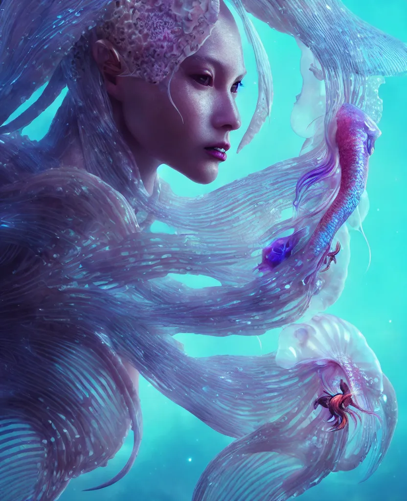 Image similar to goddess close-up portrait ribcagel. jellyfish phoenix head, nautilus, orchid, skull, betta fish, bioluminiscent creatures, intricate artwork by Tooth Wu and wlop and beeple. octane render, trending on artstation, greg rutkowski very coherent symmetrical artwork. cinematic, hyper realism, high detail, octane render, 8k