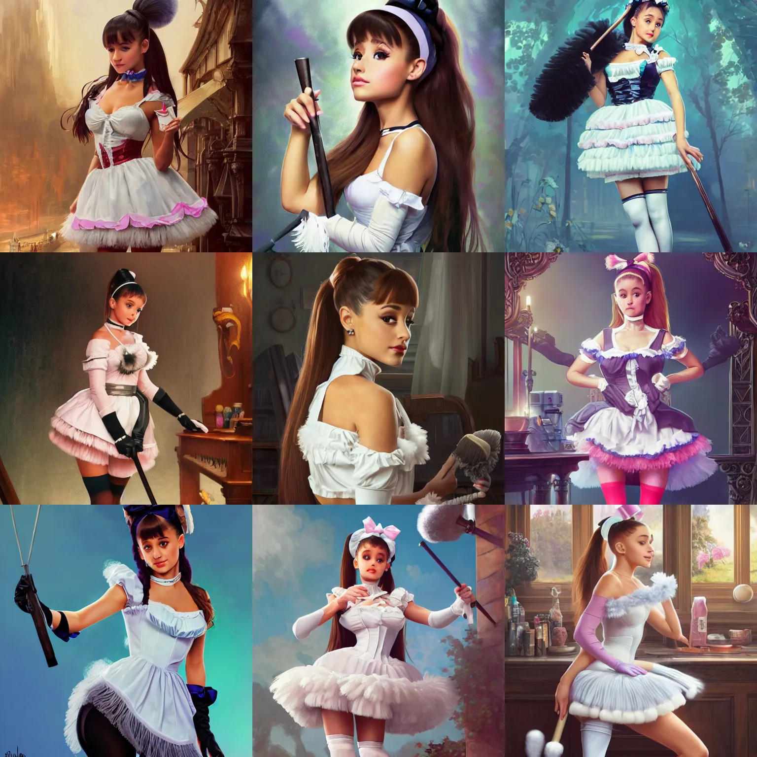 Prompt: Ariana Grande as a french maid with a feather duster and knee.high socks, sweat drops, insane, intricate, highly detailed, digital painting, artstation, concept art, smooth, sharp focus, illustration, Unreal Engine 5, 8K, art by artgerm and greg rutkowski and alphonse mucha