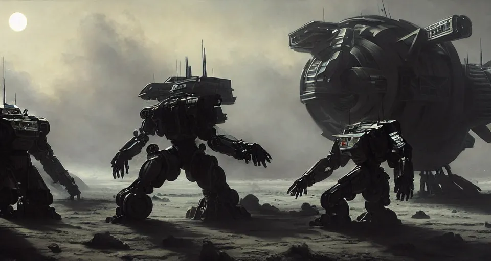Prompt: hyper realistic sci - fi matte concept art painting of epic cinematic battle between humanoid battlemechs fighting on the moon, guns, missiles, explosions, beautiful details, strong composition painted by kim jung guweta studio rutkowski, james gurney and greg rutkowski, and lucasfilm, smooth, intricate, detailed, sharp focus, cinematic
