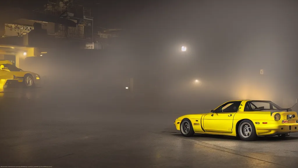 Image similar to a yellow jdm mazda rx 7, cinematic, nikon d 7 5 0, long exposure, white balance, 8 k, led, lumen global illumination, fog, ray tracing reflections, fxaa, rtx, post - production