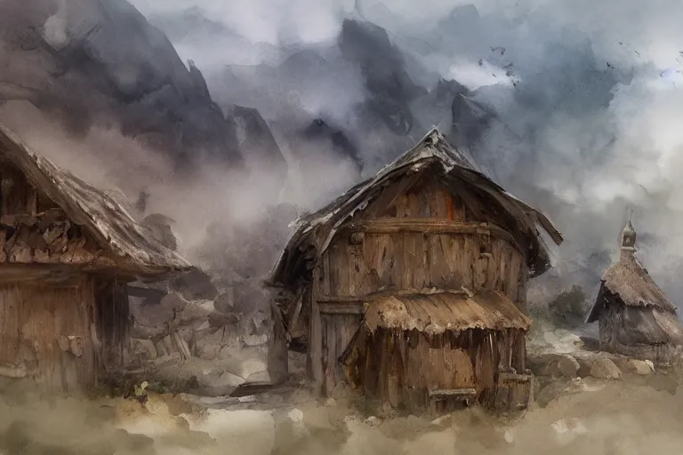 Image similar to paint brush strokes, abstract watercolor painting of rustic village fortress, interior closeup, medieval straw roof, scandinavian viking age, fog, ambient lighting, art by hans dahl, by jesper ejsing, art by anders zorn, wonderful masterpiece by greg rutkowski, cinematic light, american romanticism by greg manchess, creation by tyler edlin