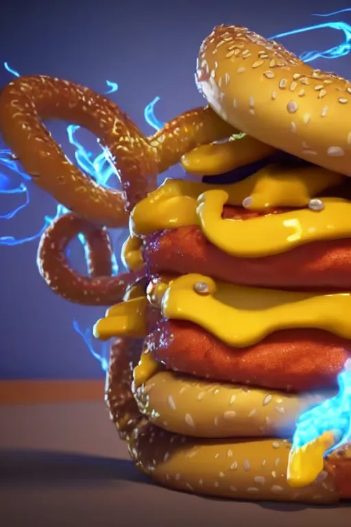 Image similar to a mc donalds commercial with a 3d snake spitting blue fire which is revealing realistic fries, commercial, 3d render, Mc donalds, 4k, sharp, by Beeple, Octane Render, cinema 4d