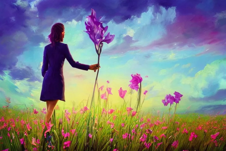 Prompt: closeup, giant gladiola flower head, girl in suit walking in field of flowers, surreal photography, sunrise, blue sky, dramatic light, impressionist painting, digital painting, artstation, simon stalenhag