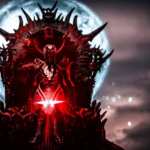 Prompt: a demon in iron armor with diamonds sits on the black throne of death and looks with red eyes into the darkness against the background of a bright red sun