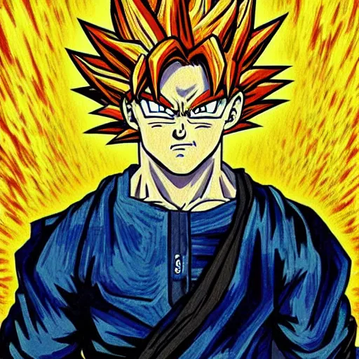 Prompt: super saiyan goku painted by vincent van gogh, oil - on - canvas, highly detailed, 8 k