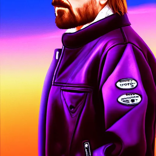 Prompt: walter white mounting jesse pinkman, and a purple coloured leather jacket, one side haircut, long brown hair with light blue ends, portrait, hyperdetailed, artstation, cgsociety, synthwave by tangerine dream, by jean - michel jarre, by vangelis, by john carpenter