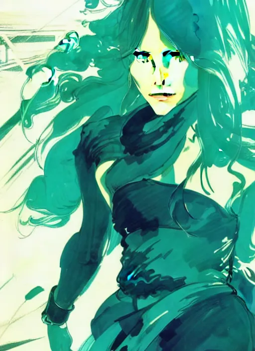 Prompt: style of yoji shinkawa, joshua middleton, beautiful kristen bell with green dress, very long blue hair, water powers water swirling, symmetrical face, symmetrical eyes, detailed, beach setting, cinematic lighting