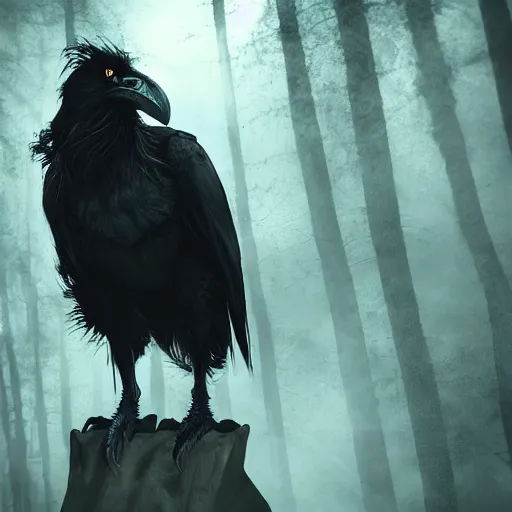 Image similar to werecreature consisting of a crow and a human, featured on artstation, photograph captured in a dark forest